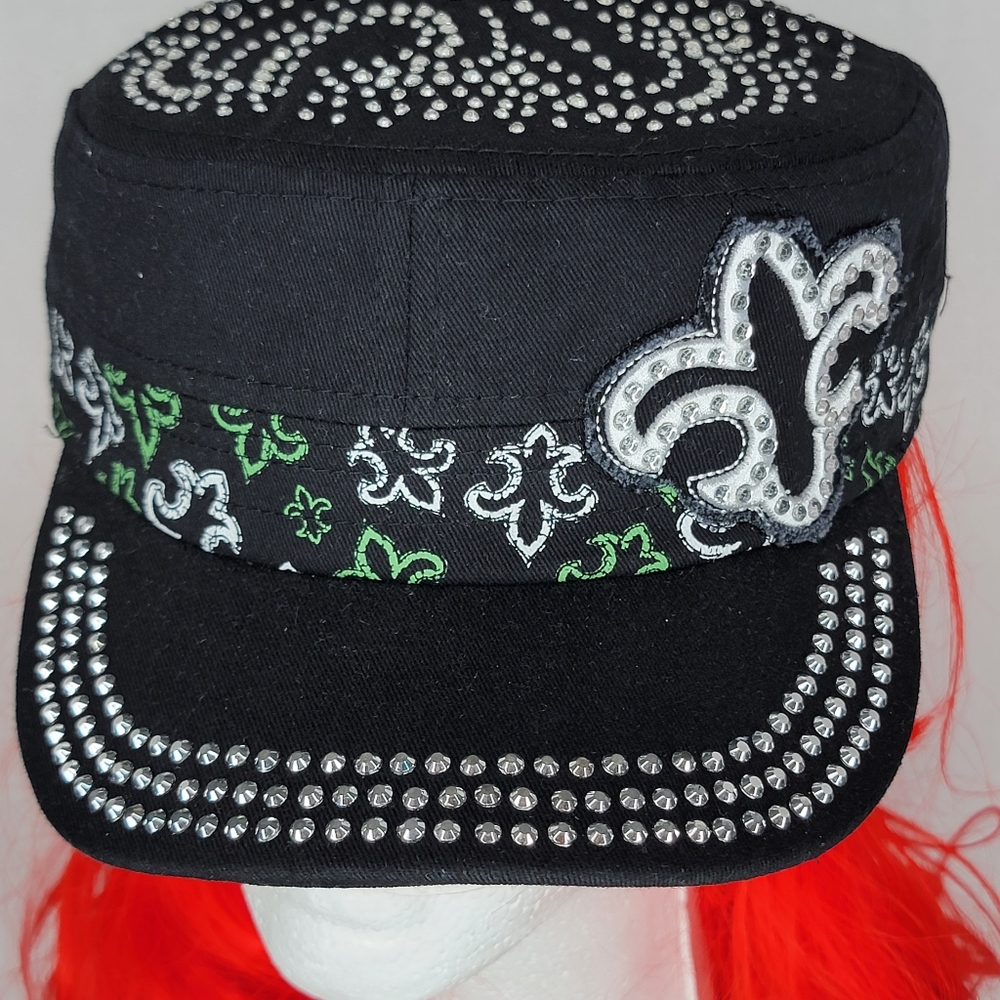 ``H25702 NWT Professional Style Black Rhinestone Fleur De Lis Cadet Caps